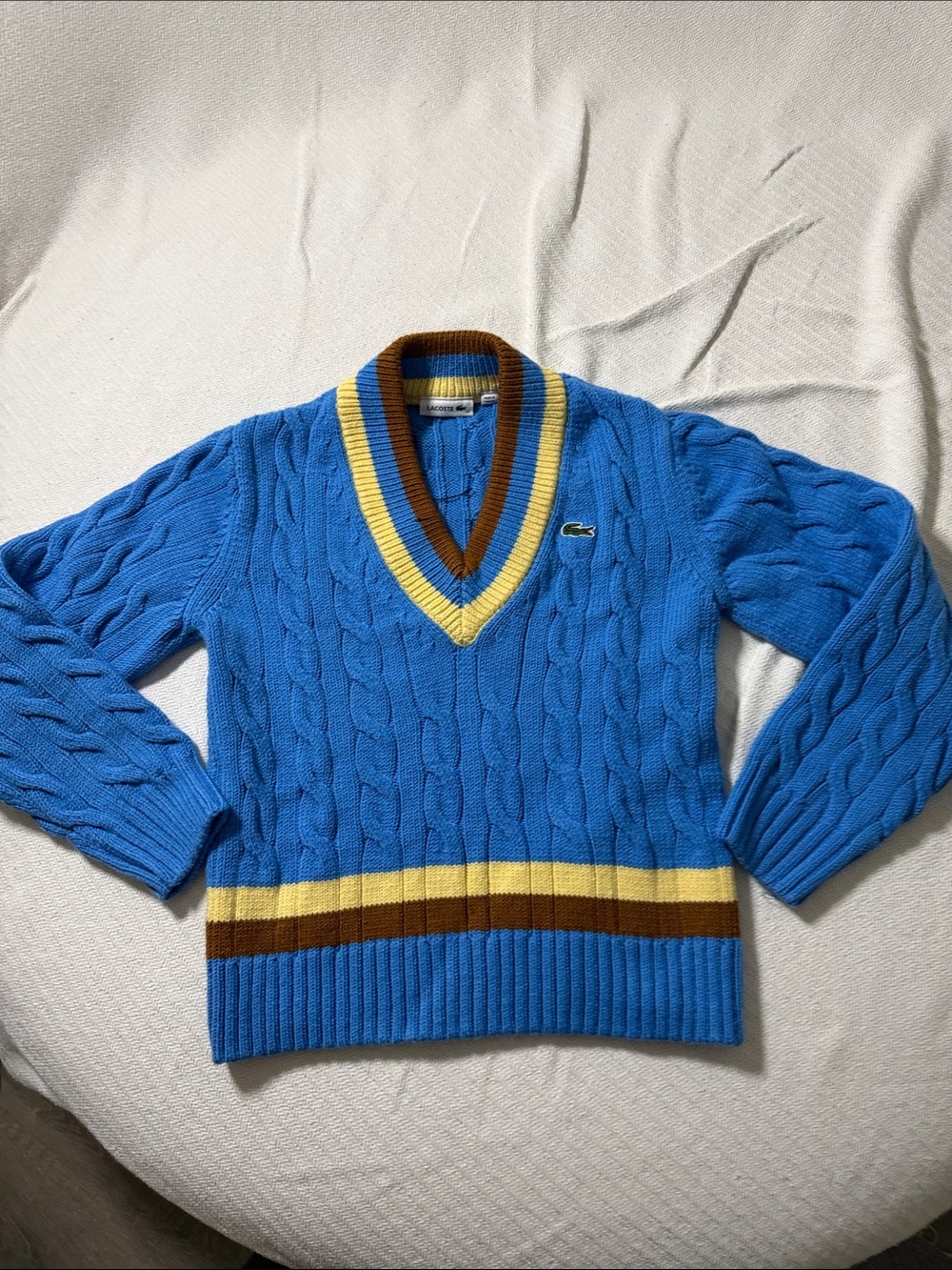 Lacoste Blue Cable-Knit V-Neck Sweater with Yellow & Brown Trim